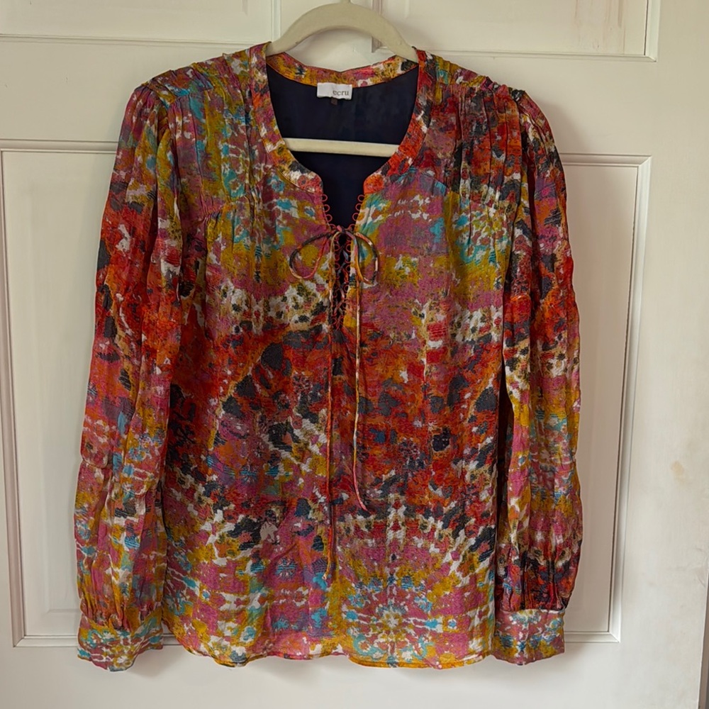 Ecru Orange Yellow Long Sleeve Buttoned Boho Blouse Size Small